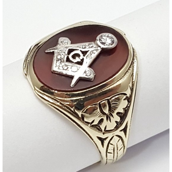 Vintage 14K Solid Two Tone Multi Color Gold Cornelian Masonic Diamond Ring - Picture 8 of 16